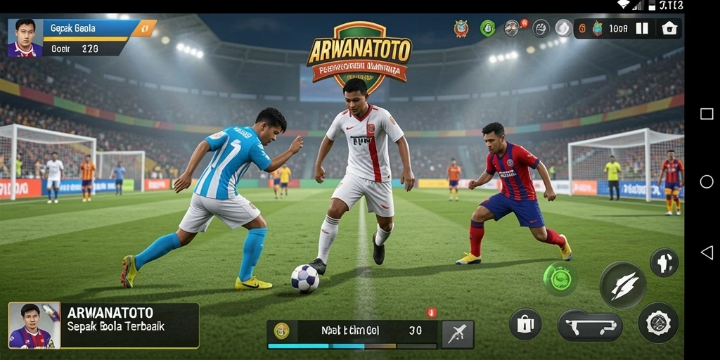 Screenshot gameplay ARWANATOTO menampilkan pertandingan sepak bola yang seru.