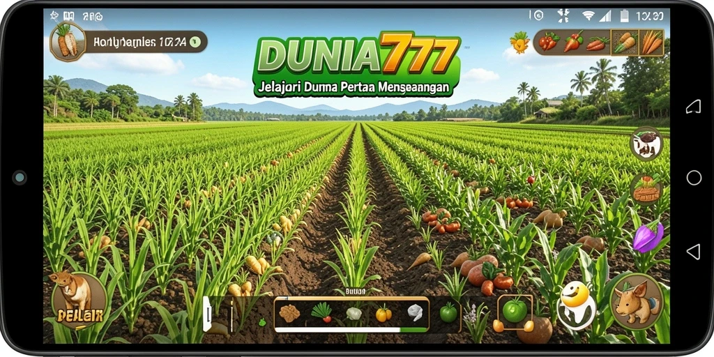 Tampilan utama gameplay DUNIA777 yang sedang bertani dengan suasana cerah.