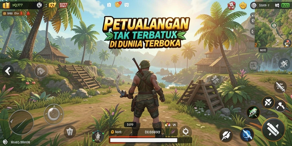 Screenshot gameplay HQ777 yang menampilkan petualangan di dunia terbuka.