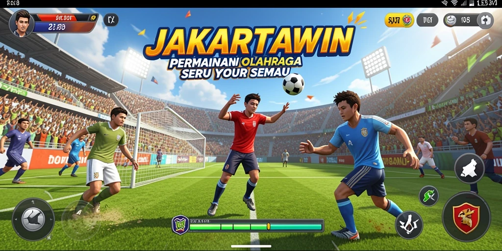 Tampilan gameplay JAKARTAWIN dengan berbagai cabang olahraga.