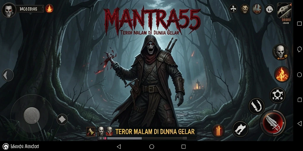 Screenshot gameplay MANTRA55 dengan suasana mencekam dan efek horor yang menakutkan.
