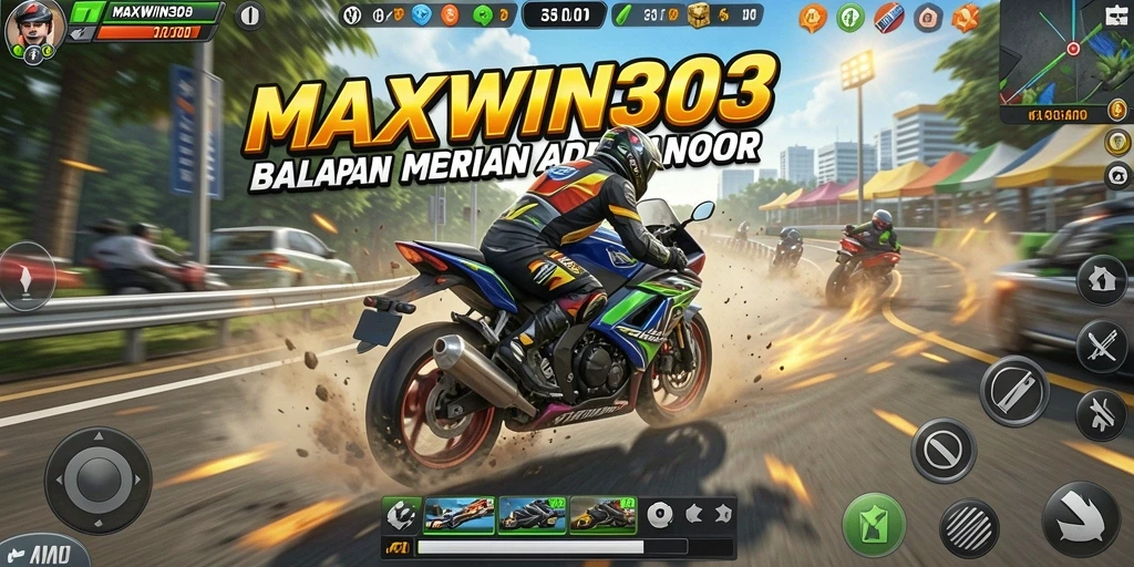 Screenshot gameplay MAXWIN303 menampilkan aksi balapan motor yang mendebarkan.