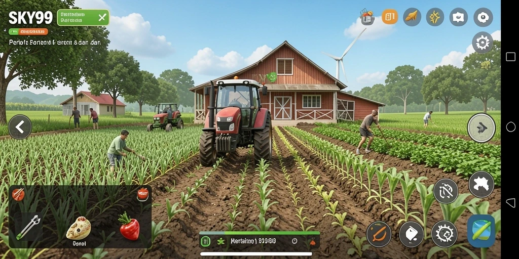 Screenshot gameplay SKY99 menampilkan lahan pertanian yang indah dan tanaman yang subur.